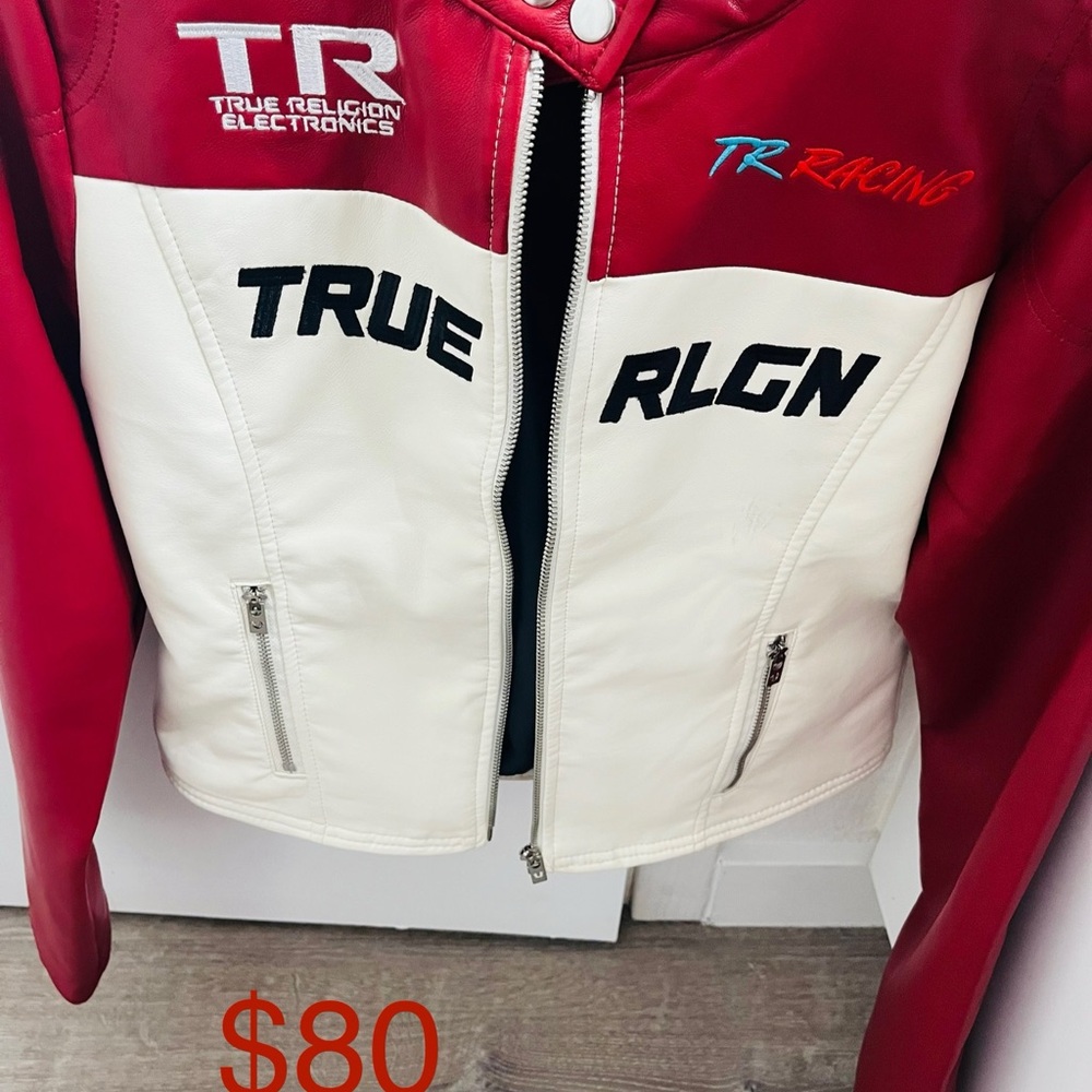 True Religion Women's Racing Leather Jacket in Red and White